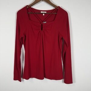 NWT Women's Maurices red ribbed long sleeve top keyhole‎ criss-cross neckline XL